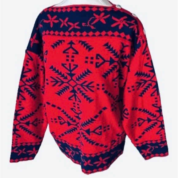 Obermeyer Vintage Red Navy Blue Sweater Wool Christmas Medium Southwest Designer
